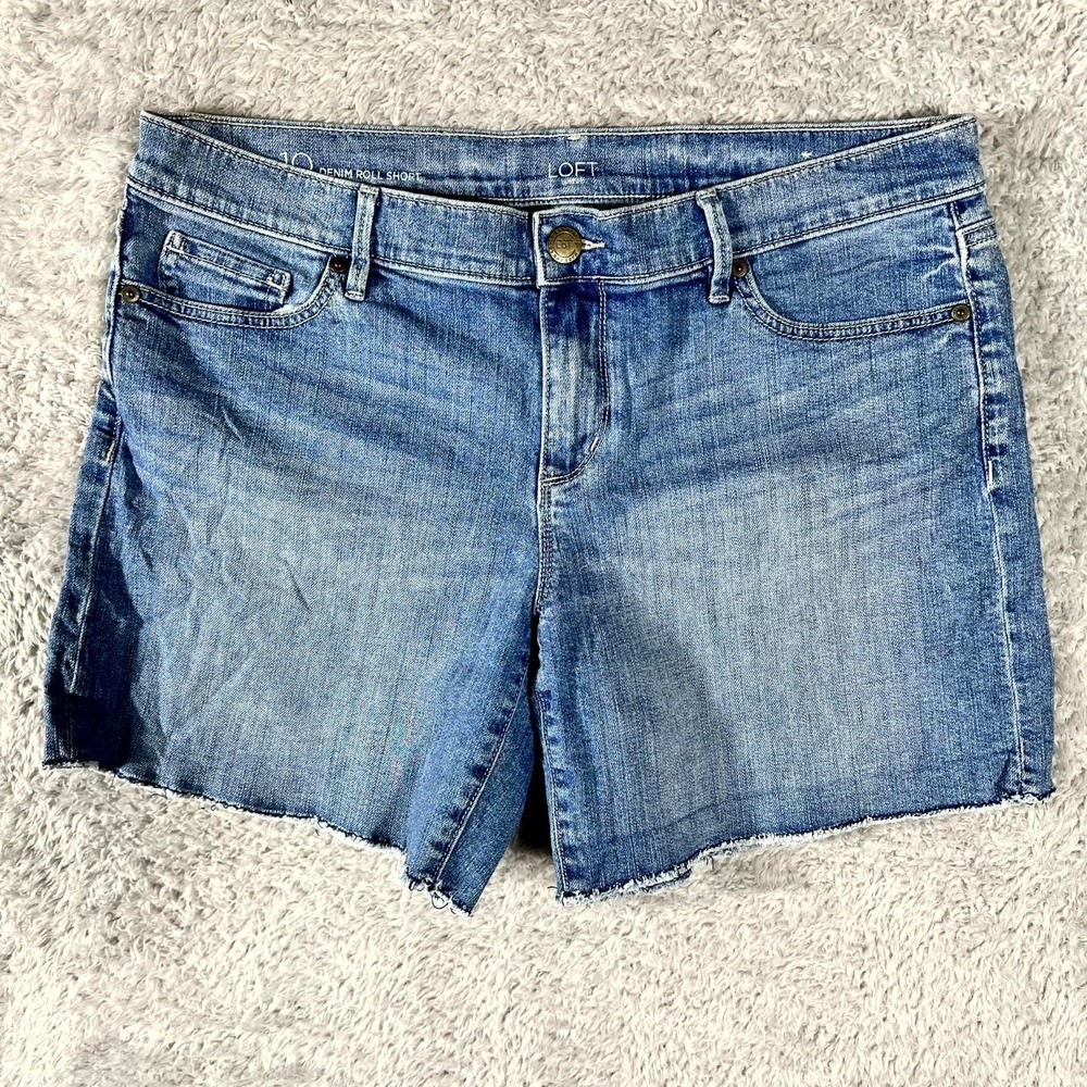 Loft Denim Roll Shorts‎ Womens 10 Blue Stretch Frayed Hem Medium Wash 6" Inseam